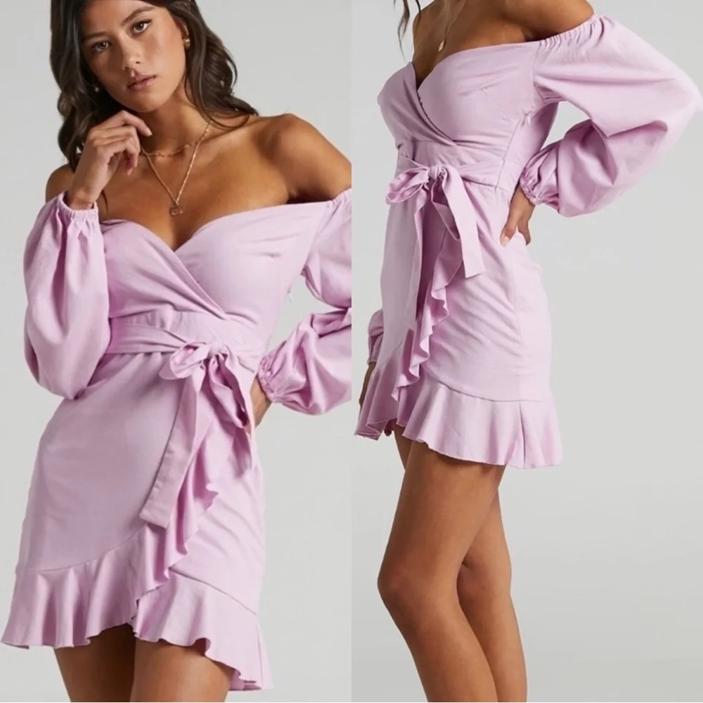 Cant Move On Off Shoulder Mini Dress in Lilac Linen Look - Showpo A Line Dresses